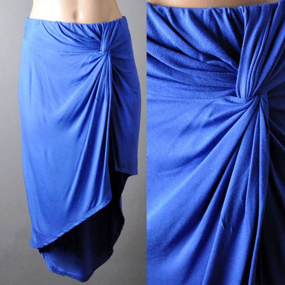Royal Blue Womens Pleated Casual Draped Sexy High Front Slit Asymmetric Skirt